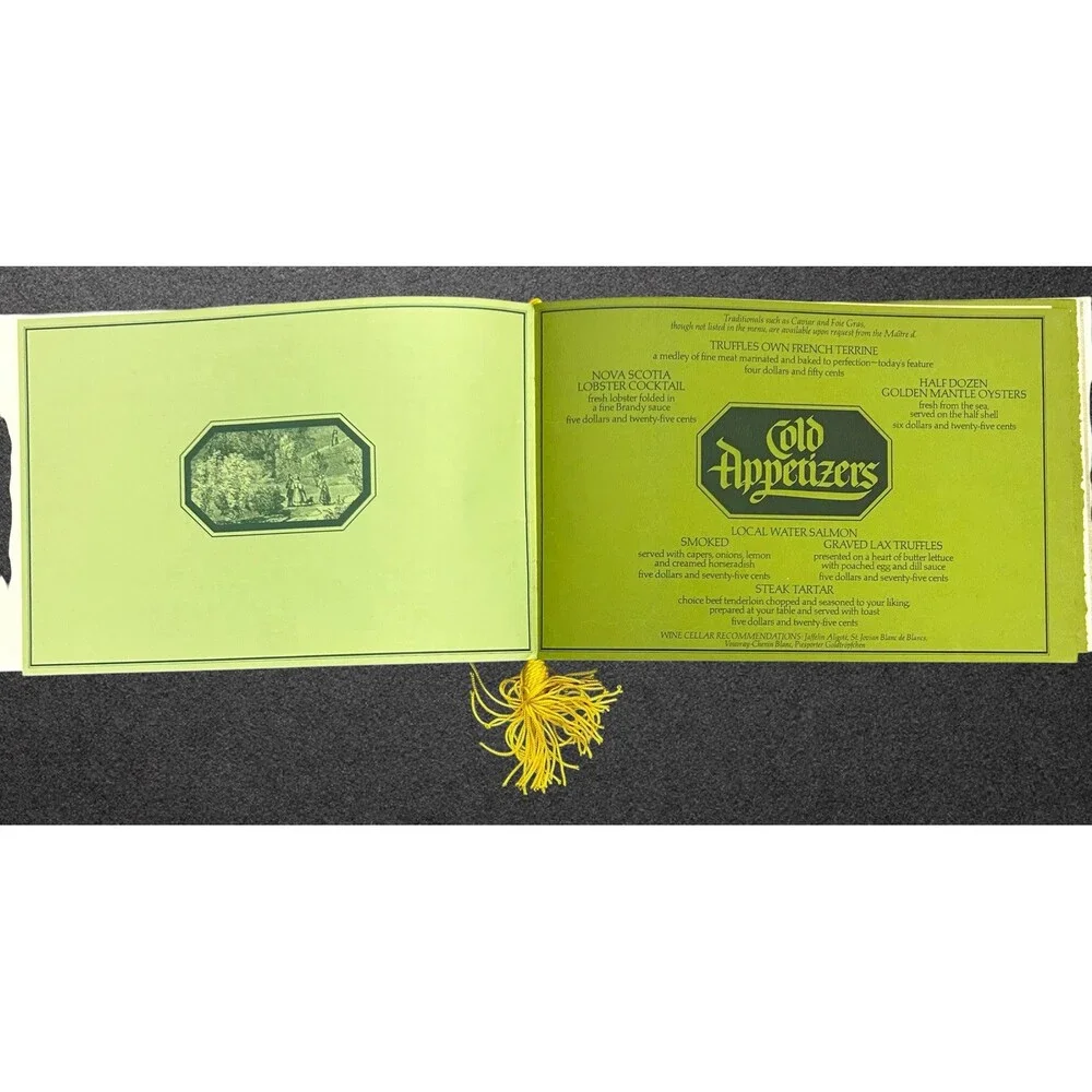 Vtg Truffles Cafe Menu Booklet Illustrated Green French Cuisine Ephemera Tassel